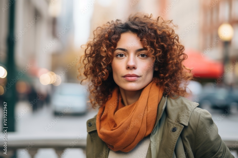 Fototapeta premium Portrait of beautiful young woman with curly hair in the city