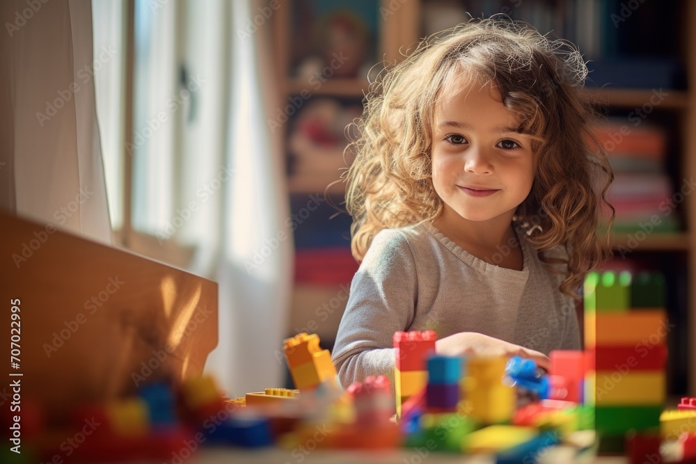 A girl is having fun playing in her room with colorful block toys. A girl is having fun playing in her room with colorful block toys.