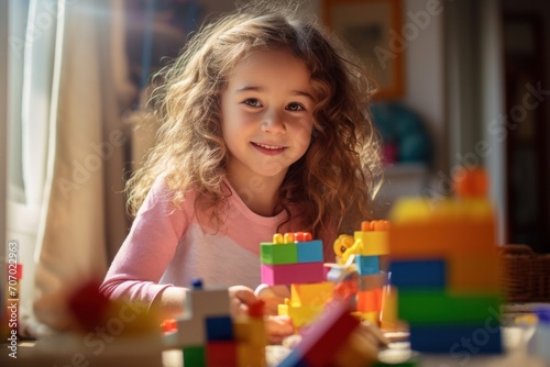 A girl is having fun playing in her room with colorful block toys.