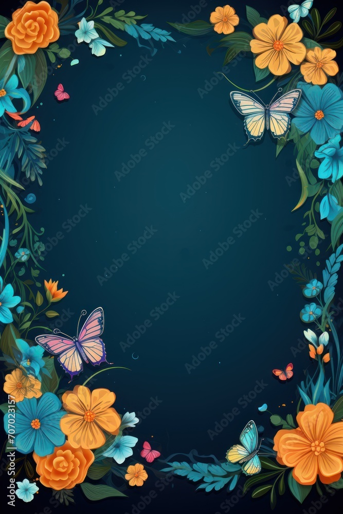 Frame with colorful flowers on peacock blue background