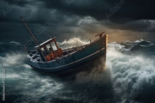 boat in water with stormy weather. Risk trip and Fragility.