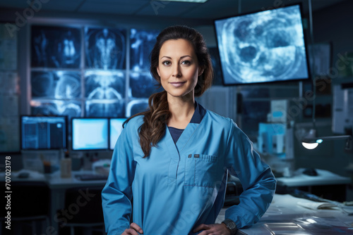 A Radiologist's World: A Portrait of a Dedicated Female Radiologist, Immersed in Her Work, Surrounded by X-Ray Films and Advanced Medical Equipment in a Modern Hospital Setting