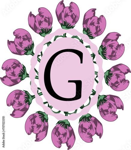 Stylized typography with capital letter G isolated circle monogram design element and floral decoration