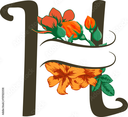 Stylized typography with capital letter H isolated monogram design element rose and lily flower decoration