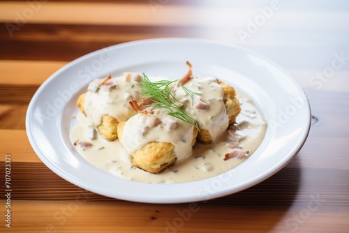 biscuits and gravy on a white dish photo