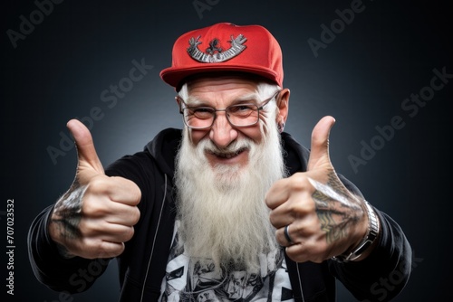 Stylish middle-aged man with silver hair, long beard, tattoos,