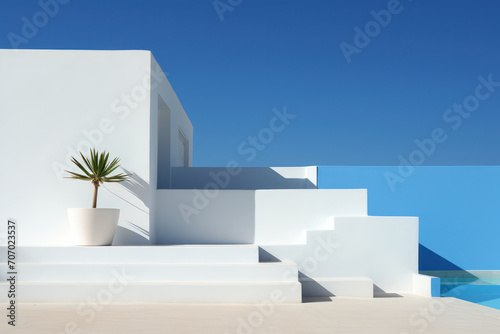Blue Dream: A Minimalist Architectural Masterpiece with Infinite Geometric Shapes Floating Above the Greek Sea