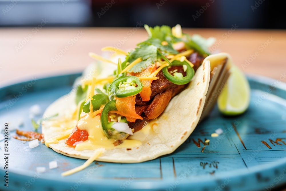 close-up of breakfast taco with chorizo and melted cheese