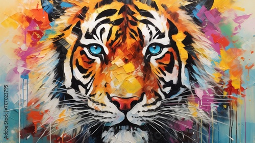 Animal head  portrait  art - Colorful abstract oil acrylic painting of colorful tiger  pallet knife on canvas. Print on canvas or download