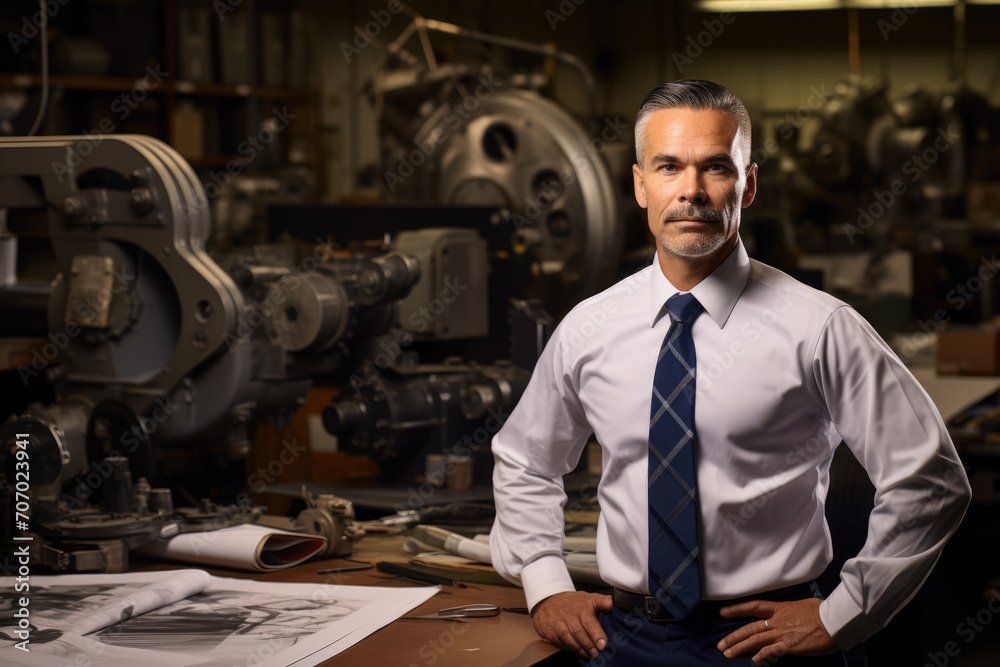 A Confident Industrial Equipment Sales Representative Poses in His Office Surrounded by Blueprints and Models of Machinery He Sells A Confident Industrial Equipment Sales Representative Poses in His Office Surrounded by Blueprints and Models of Machinery He Sells