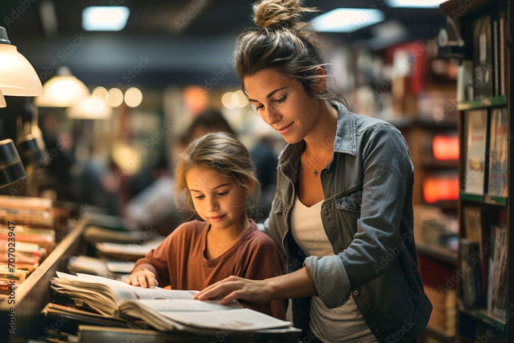 Mom and daughter looking at a book together in a bookstore. Looking to buy book. Mom and daughter looking at a book together in a bookstore. Looking to buy book.