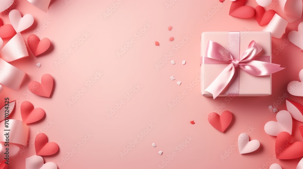 Valentine's Day concept paper sign with handmade gift box. Lots of paper cut ribbons, bows and hearts on pink background. Valentine's Day concept paper sign with handmade gift box. Lots of paper cut ribbons, bows and hearts on pink background.
