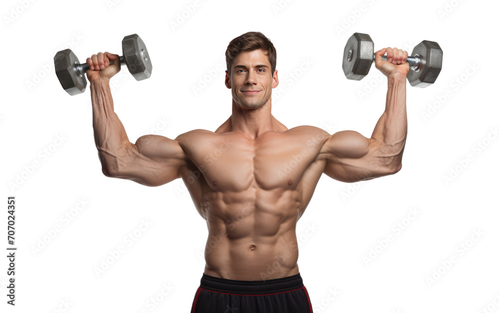 Athletic Man Holding Dumbbells, Showcasing Strength and Stamina in a Striking Pose on a White or Clear Surface PNG Transparent Background