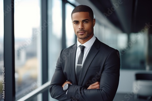 A biracial young man in a sharp suit, displaying his cufflinks while confidently standing in a modern office with panoramic cityscape views photo