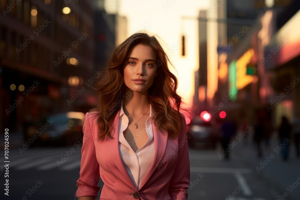 A confident, stylish woman in a vibrant pink blazer, black slacks, and a crisp white tee, striding purposefully down a bustling city street, her face illuminated by the warm glow of the setting sun