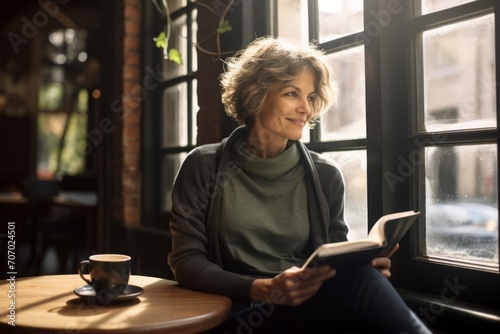Middle-aged woman with high cheekbones and a stylish bob cut, enjoying her solitude in a rustic coffee shop, while reading a classic novel photo