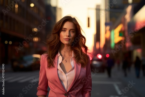 A confident, stylish woman in a vibrant pink blazer, black slacks, and a crisp white tee, striding purposefully down a bustling city street, her face illuminated by the warm glow of the setting sun