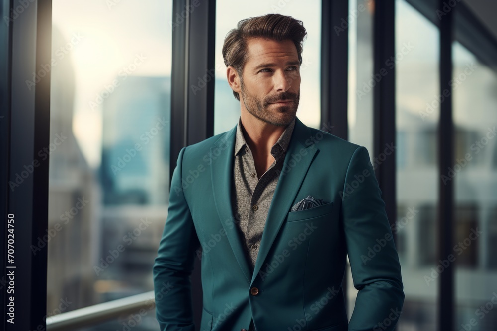 Elegant man in teal slim-fit blazer, confidently standing in a modern loft apartment, with sunlight streaming through large windows, highlighting his sophisticated style Elegant man in teal slim-fit blazer, confidently standing in a modern loft apartment, with sunlight streaming through large windows, highlighting his sophisticated style