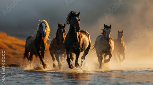 Group horse running on the lake