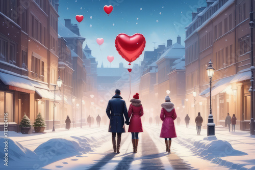 A couple walks through a snow-covered city with a heart-shaped balloon, rear view. The concept of celebrating Valentine's Day. © Anna