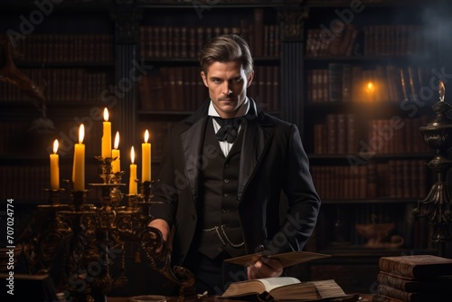 A sophisticated gentleman, adorned in a charcoal tailcoat, stands against the backdrop of an ancient library filled with leather-bound books and dimmed by the soft glow of vintage lamps photo