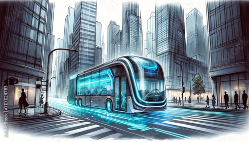This is a futuristic watercolor illustration of a cityscape with an advanced tram.
