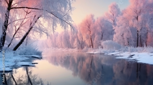 Winter Christmas Landscape In Pink Tones With Calm Winter River, Surrounded By Trees. Ai Generative.