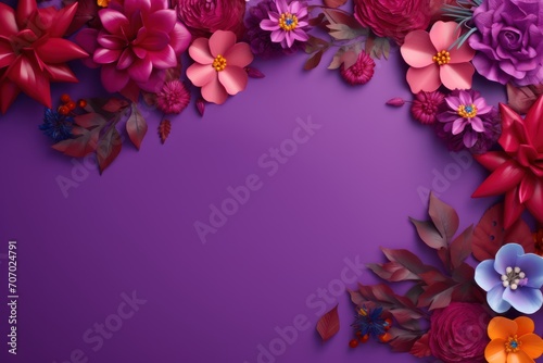 Frame with colorful flowers on purple background