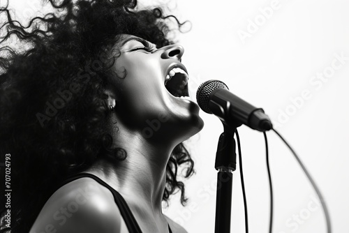 Talented American female singer performing with passion and singing into the microphone against white studio backdrop. Black and white photography