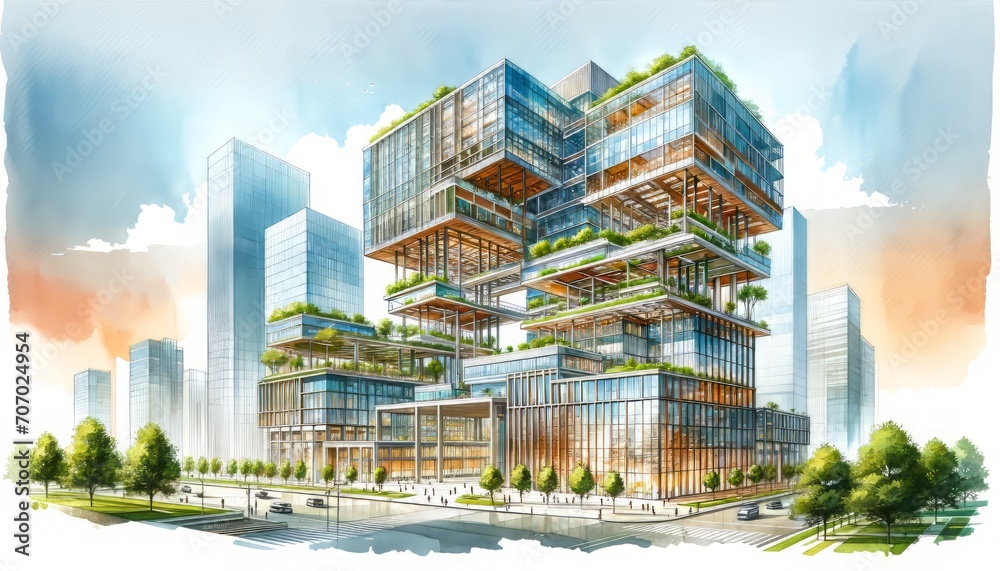 Fototapeta premium This watercolor painting illustrates a modern eco-friendly skyscraper with terraced gardens.
