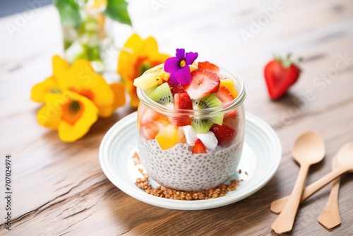 chia pudding with colorful tropical fruit salad on top