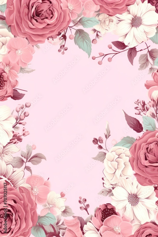 Frame with colorful flowers on rose background