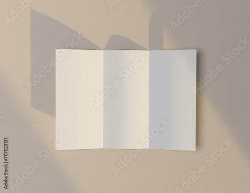 Showcase your content with this 3D illustration of a blank brochure mock-up, featuring a simple and harmonious background. Roll-Fold 297mm 210mm size.
