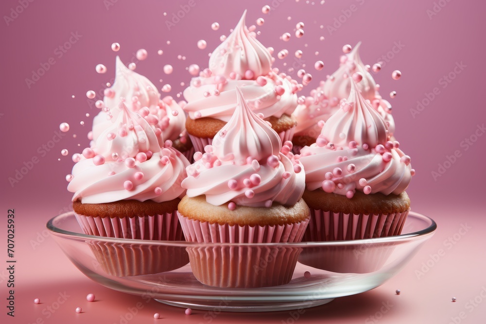 3D Render of Floating Cupcakes, on an isolated Pastel Pink background, Generative AI 3D Render of Floating Cupcakes, on an isolated Pastel Pink background, Generative AI
