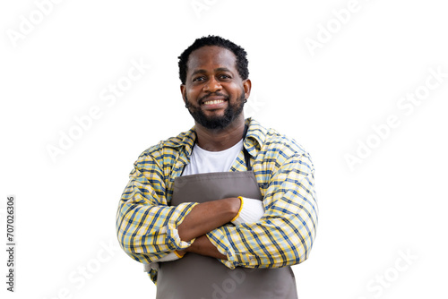 apron black african adult male workshop worker farmer people happy smiling confident arm crossing isolated on white background