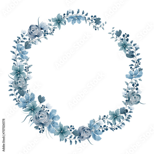 Frame made of Flowers. Watercolor Vector Wreath. Watercolor Blue Flowers Illustration. Round Floral Frame with space for Text.