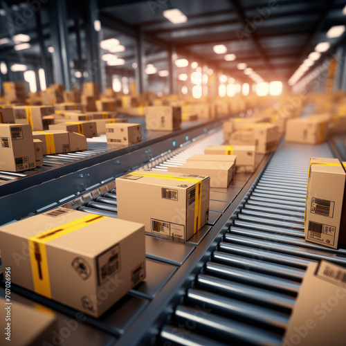 Seamless motion of cardboard packages on a conveyor belt within a warehouse fulfillment center, demonstrating the streamlined automation of product handling. ai generative