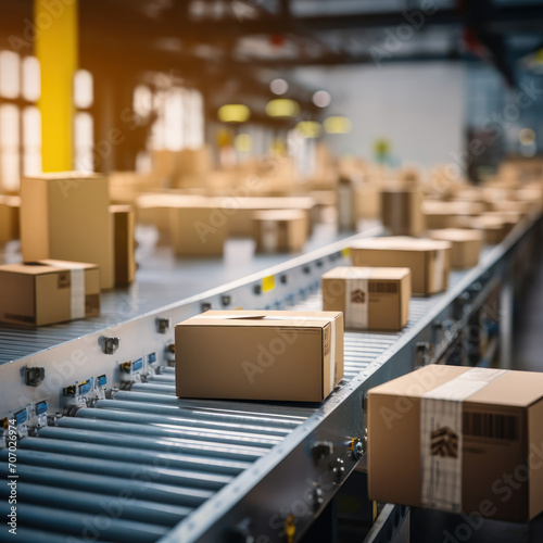 A closeup view of a conveyor belt in a busy warehouse, transporting multiple cardboard boxes, emphasizing the efficiency and automation of the fulfillment process. ai generative