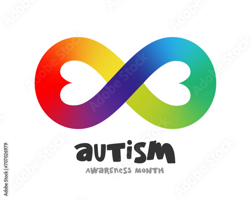 Infinity sign with two hearts in rainbow colors. Autism Awareness Month. Richness of the autistic spectrum.