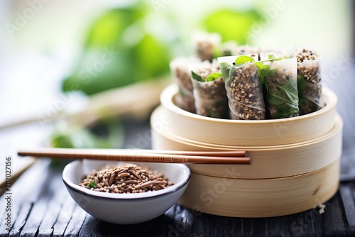 rolled flaxseed wraps in a bamboo steamer with steam visible