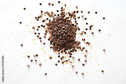 glossy chocolate chips scattered on white background photo