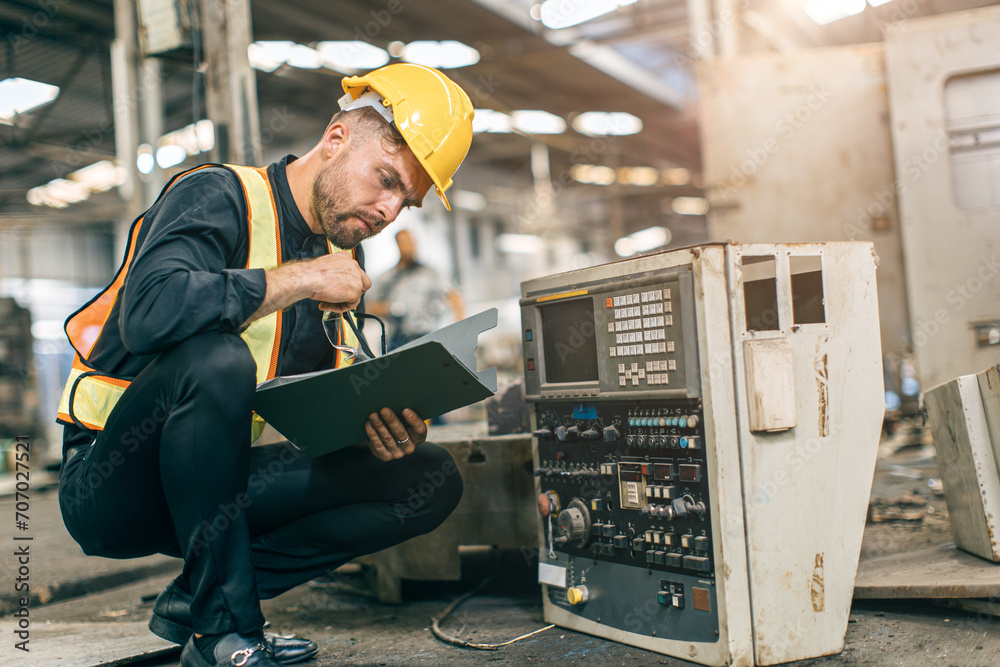 young engineer male checking machine part service repair. engineering worker in heavy industry factory checking old machine young engineer male checking machine part service repair. engineering worker in heavy industry factory checking old machine