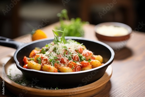 gnocchi in a pan with tomato sauce and cheese