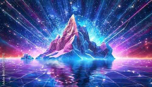 Digital Antarctic iceberg in the ocean in futuristic polygonal style on dark technology background. Abstract Metaphor of Big Data or hard work to success. Low poly wireframe vector illustration