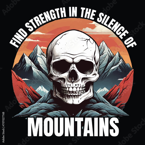 Skull mountain t shirt graphic design, hand drawn line style with digital color, vector illustration