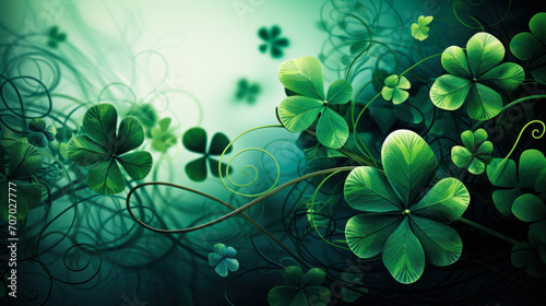 Artistic green shamrock leaves and swirling patterns on a vibrant background, symbolizing luck, Irish culture, St Patrick's Day celebrations, and springtime freshness