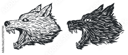 Angry wolf or dog head in hand draw vintage style. Monochrome illustration for tattoo, mascot, emblem. Vector illustration.