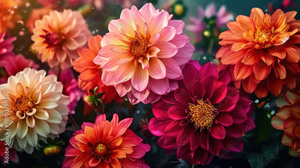 A vibrant tapestry of full-bloom dahlia flowers, their radiant petals showcasing nature's palette in a dazzling array of pinks and oranges A vibrant tapestry of full-bloom dahlia flowers, their radiant petals showcasing nature's palette in a dazzling array of pinks and oranges
