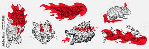 Owl, raven, car, wolf, rabbit, rat. Hand drawn illustration animals and birds with red flames in retro vintage style. Set silhouette character for tattoo, mascot. Vector art elements.