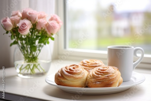 kanelbullar dessert on a white ceramic plate, next to a bouquet of flowers and a cup of tea, natural light, Swedish cinnamon rolls